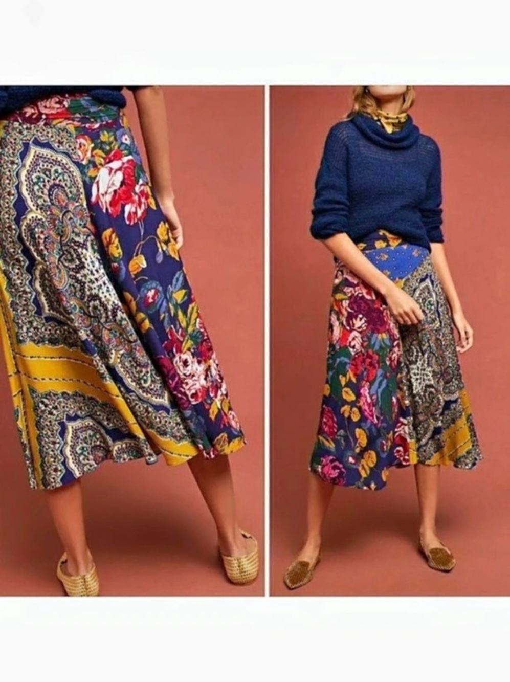 Anthropologie Moulinette Soeurs Gwen Scarf Print Midi Patchwork Skirt Floral US4